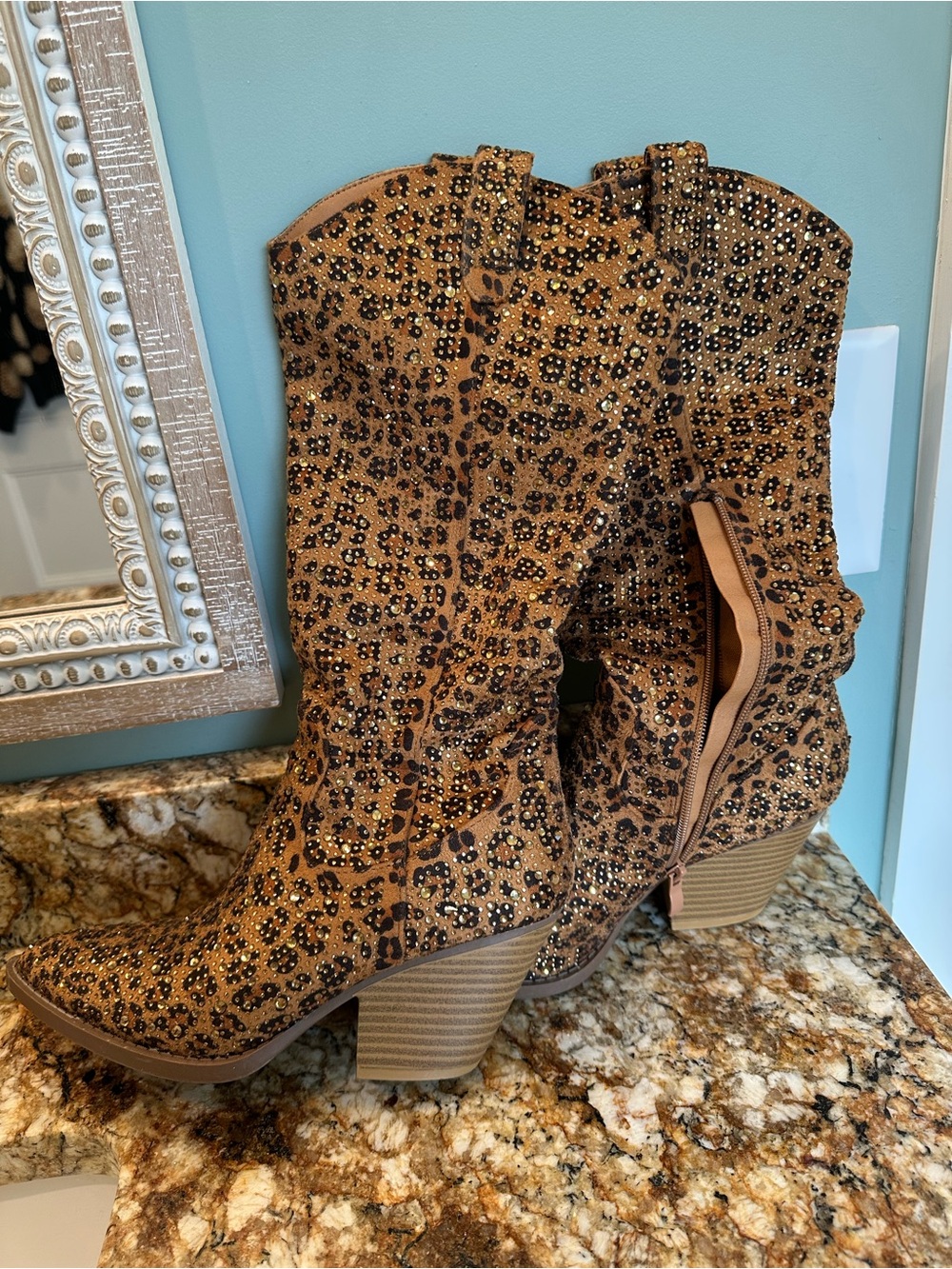 Leopard Print Western Block Heel Boots - Tan